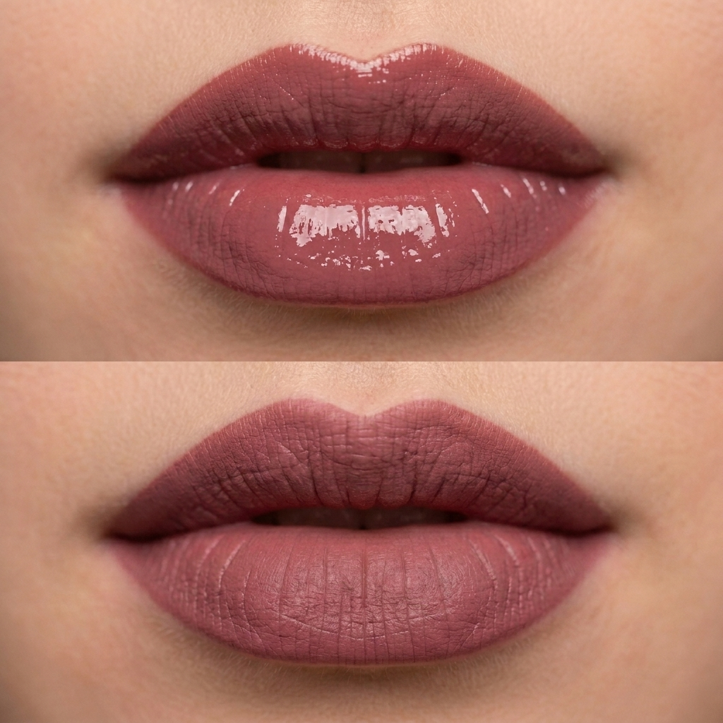 Before and after: glossy liner on top, fully set matte finish below