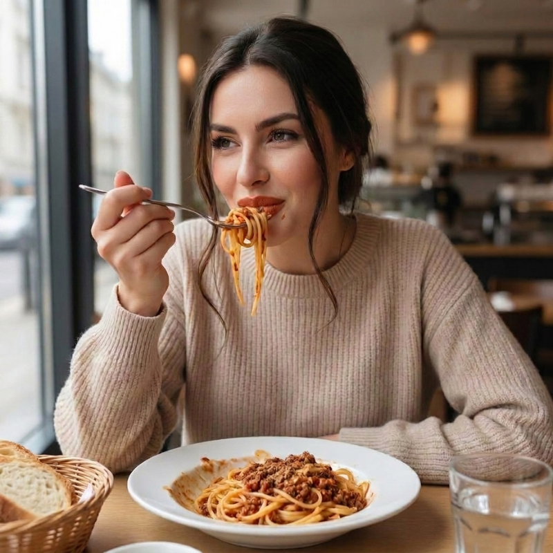 Wearing Liplys while eating pasta at lunch