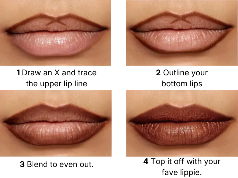 Four-step guide to applying Liplys lip liner: draw an X and trace the upper lip line, outline the bottom lips, blend to even out, top off with your favourite lippie.