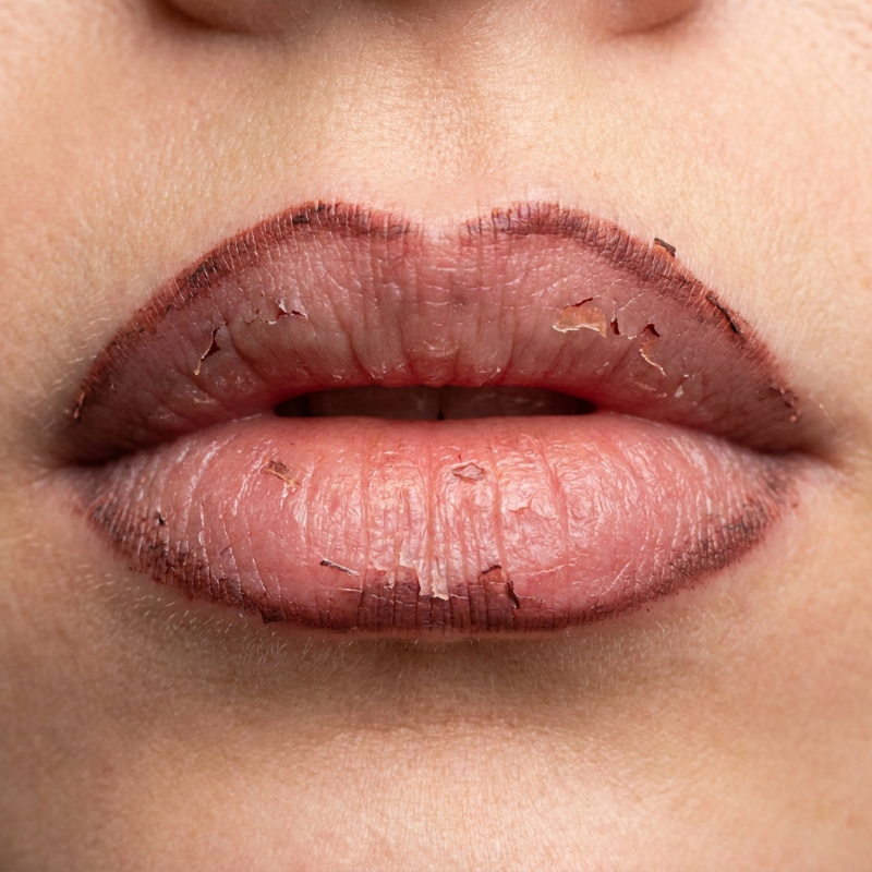 Close-up of dry, cracked lips with flaking wax-based liner