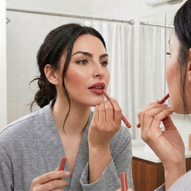 Applying Liplys liner in the mirror